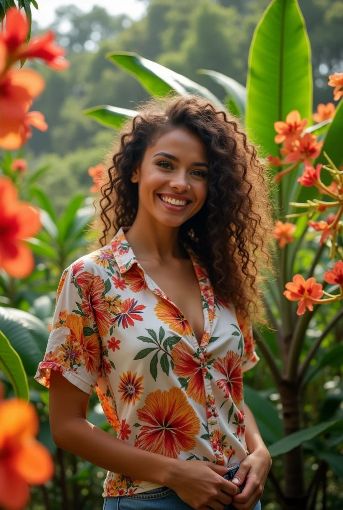 A Brazilian woman in a lush tropical garden, wearing an open shirt with a floral print, with a close-up capturing the harmonious beauty between her breasts and the natural flowers, showing off your natural charm and outgoing personality.