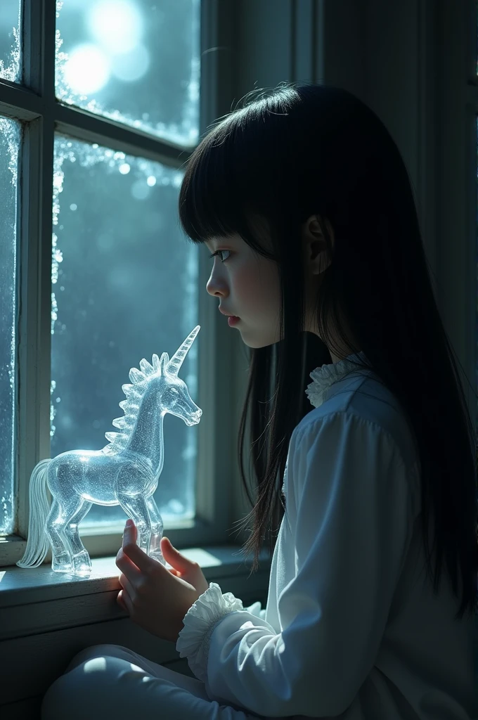 White age girl with slanted eyes and straight black hair in a dark room watches a small crystal unicorn leaning against a window frame