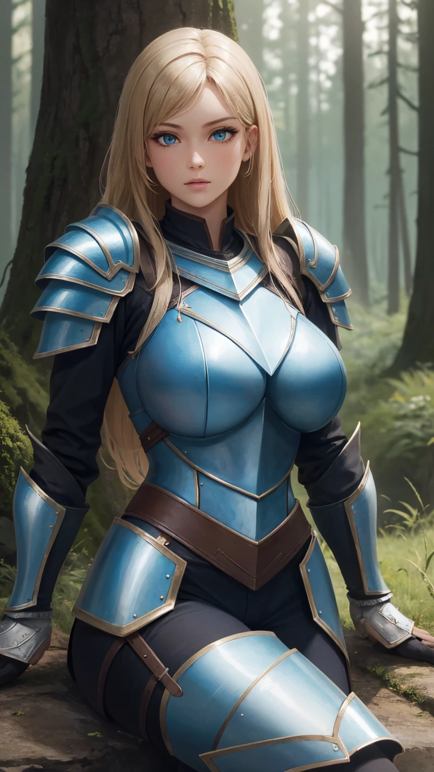 forest,mountain,Sitting,, hxarmour,1girl,(blue armour:1.3),, ultra-detailed,extremely delicate and beautiful,(by exquisite colors block),masterpiece,best quality,unreal engine 5 rendering,movie light,movie lens,movie special effects,detailed details,HDR,UHD,8K,CG wallpaper, ((huge perky breasts))