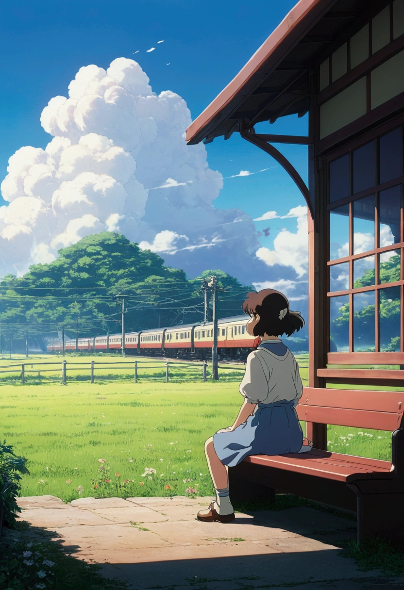 Ultra-high resolution,80s aesthetic anime ,outline,Studio Ghibli,Rural Station,Station,Wait at the platform,Sitting Girl,Turn your back on the viewer,White cloud,Anime Bloom Effect,Soft lighting,CG particle effects 4K resolution