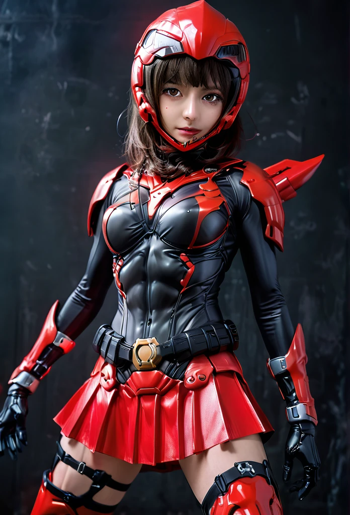 Wearing a revealing combat suit、Female Kamen Rider、miniskirt、Red big eye helmet、Combat pose