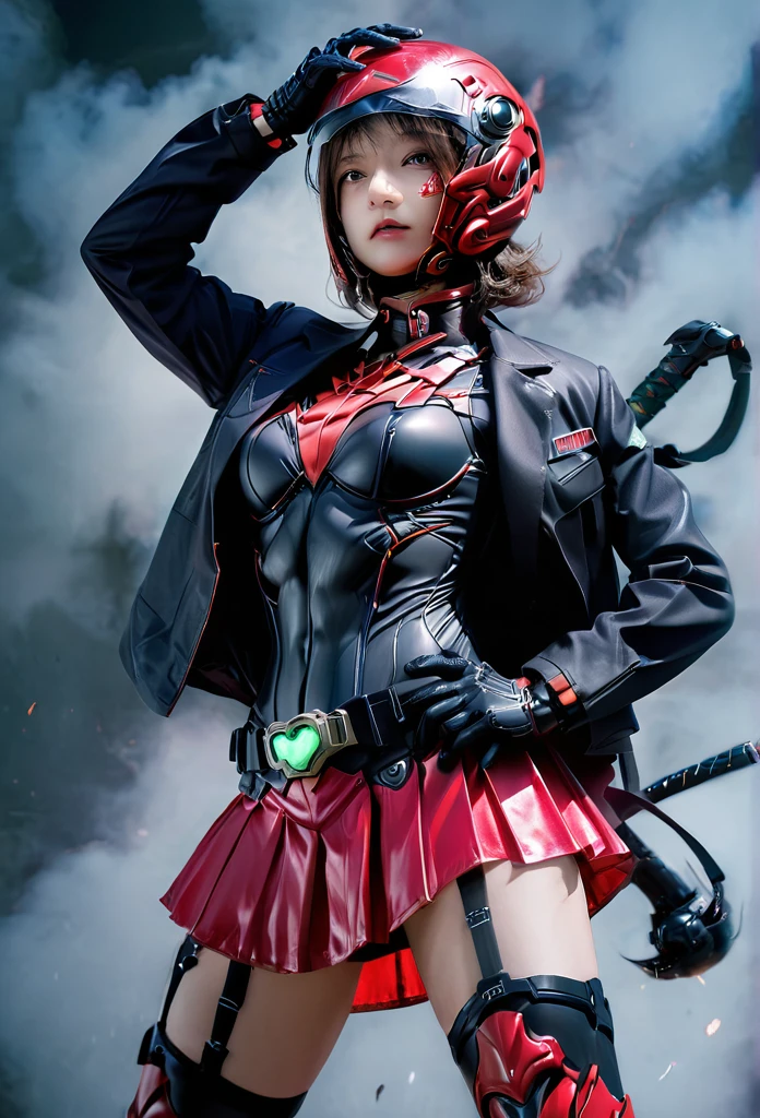 Wearing a revealing combat suit、Female Kamen Rider、miniskirt、Red big eye helmet、Combat pose