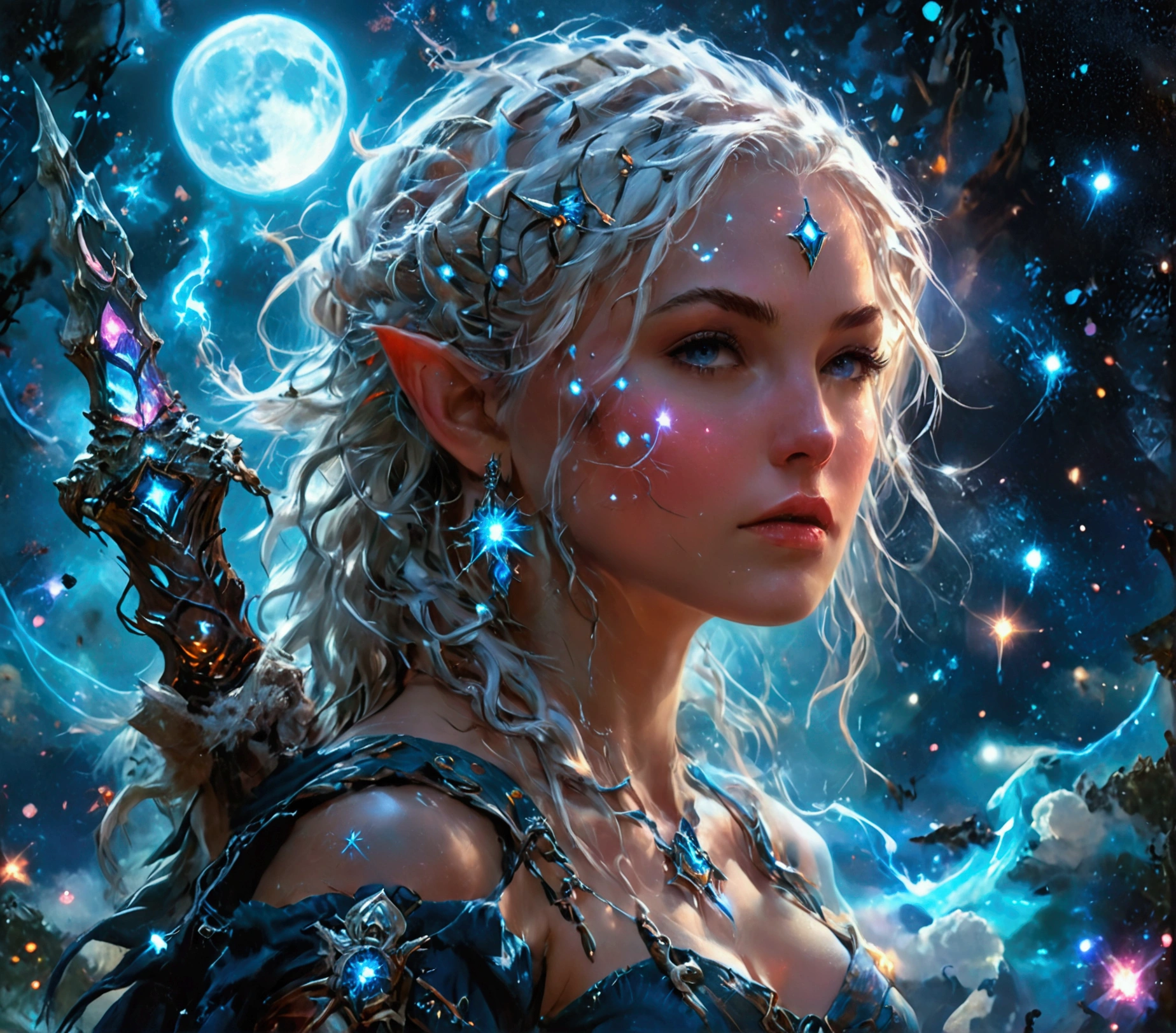 comic art , dnd art, rpg art, realistic art, female human druid of the stars, guardian of nature, controlling magical energy made of stars, swirling blue stary magical light, divine symbols, (under the sky filled with stars: 1.4, human female, busty, extremally beautiful, ultra feminine, busty, dynamic hair, dynamic hair color, wearing leather armor, holding a staff, moon light, stars, dynamic natural background, RPG art, magical atmosphere magic-fantasy-sky full with colorful stars, high details, best quality, 16k, [ultra detailed], masterpiece, best quality, (extremely detailed), dynamic angle, ultra wide shot, photorealistic, ((fantasy art)) ultra best realistic, best details, best quality, 16k, [ultra detailed], masterpiece, best quality, (extremely detailed), ultra wide shot, photorealism, depth of field, hyper realistic painting, rpg portrait, mad-nbla