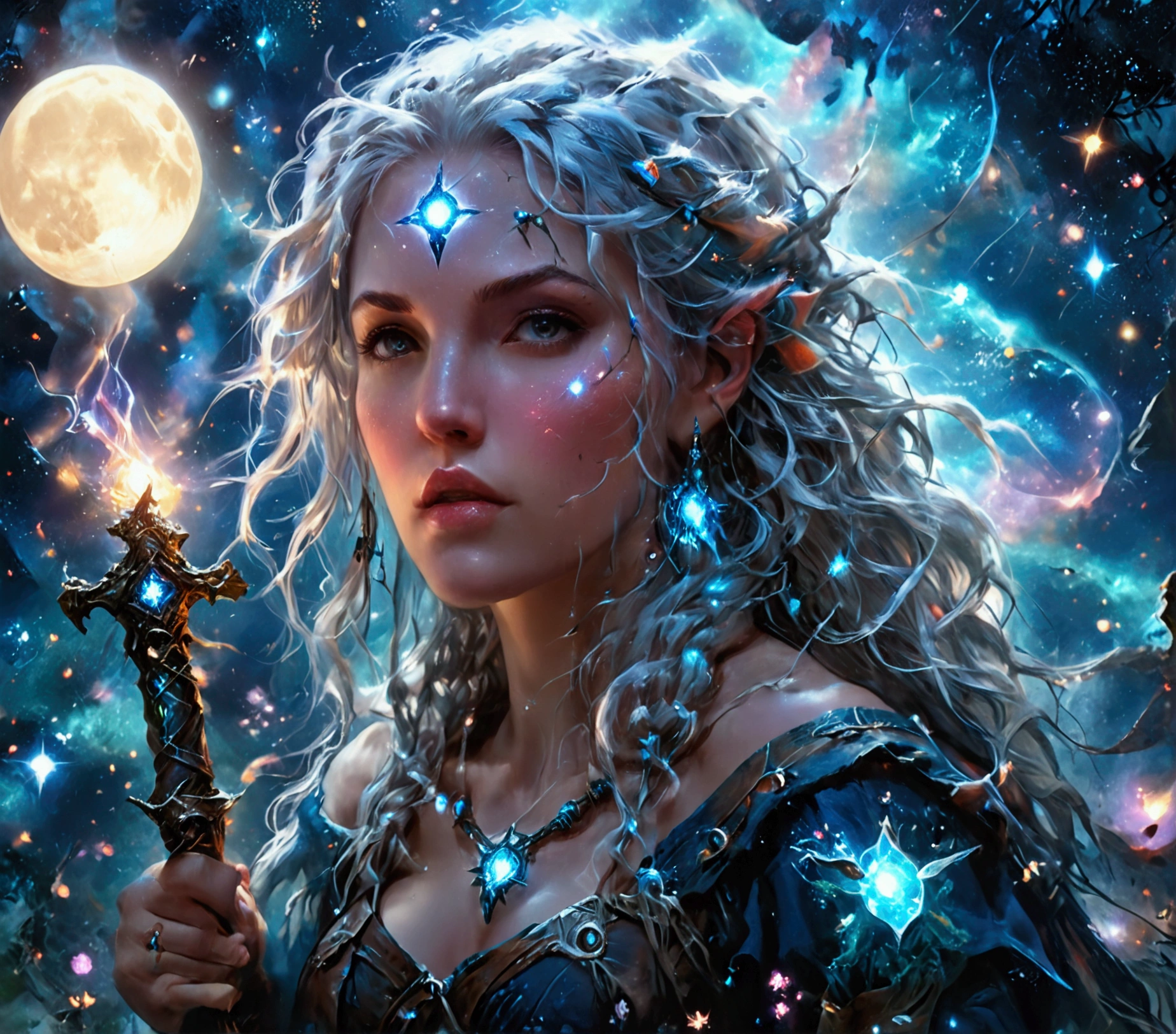 comic art , dnd art, rpg art, realistic art, female human druid of the stars, guardian of nature, controlling magical energy made of stars, swirling blue stary magical light, divine symbols, (under the sky filled with stars: 1.4, human female, busty, extremally beautiful, ultra feminine, busty, dynamic hair, dynamic hair color, wearing leather armor, holding a staff, moon light, stars, dynamic natural background, RPG art, magical atmosphere magic-fantasy-sky full with colorful stars, high details, best quality, 16k, [ultra detailed], masterpiece, best quality, (extremely detailed), dynamic angle, ultra wide shot, photorealistic, ((fantasy art)) ultra best realistic, best details, best quality, 16k, [ultra detailed], masterpiece, best quality, (extremely detailed), ultra wide shot, photorealism, depth of field, hyper realistic painting, rpg portrait, mad-nbla