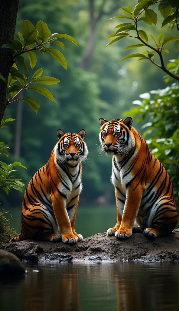 ((masterpiece)), ((high resolution)), ((professional photography)), ((National Geographic photo)), a pair of large Sumatran Tigers, on the river bank, in the green jungle, shady lighting, realistic photo, very detailed, 8K, UHD
