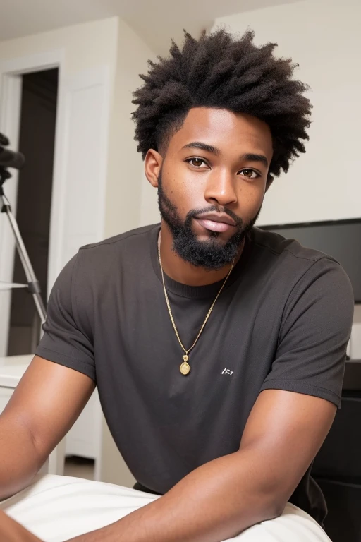 (One person) Young Black Man, Shaved black hair, Similar to Taylor Lohner, The beard fits snugly against the face, light brown red eyes. Sitting in front of the camera、A YouTuber filming a video for his YouTube channel, Clean room, There&#39;s a terror pole on the wall, Extremely detailed handiwork。Five fingers on each hand。. Hot coffee on the table