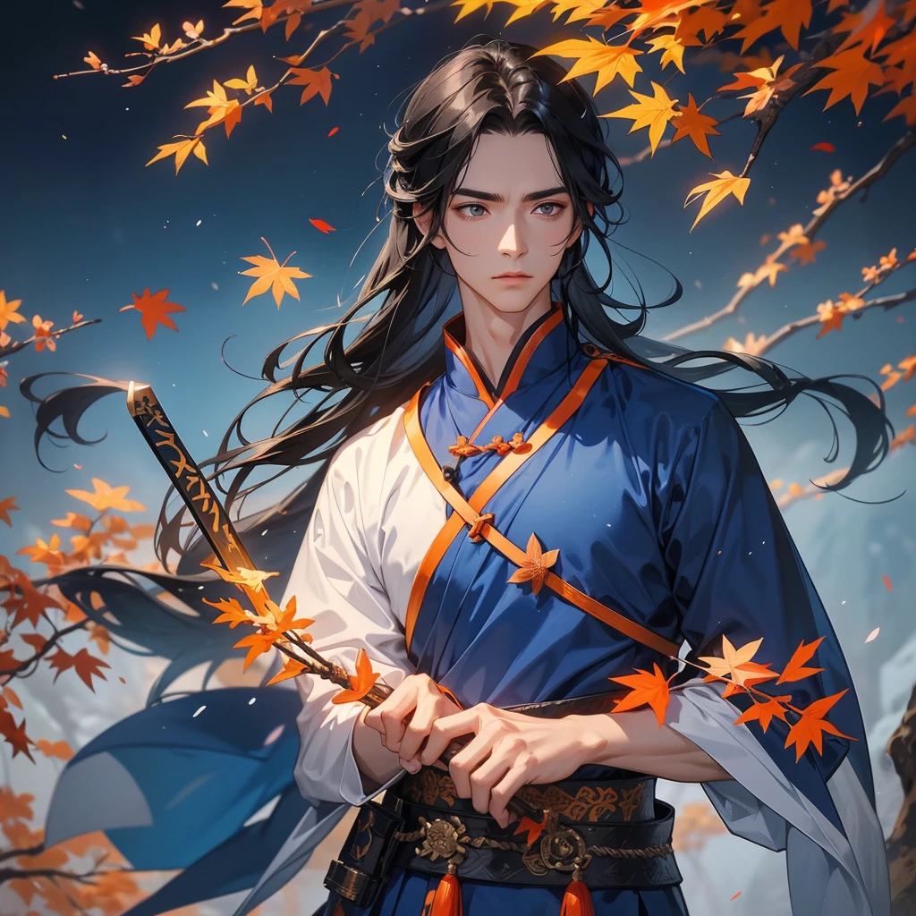 Handsome black-haired male general holding a large sword in blue ancient Chinese general costume, walking In the middle of a spring mountain ,the backdrop is a mountain that turns orange-red in spring, and maple leaves fall from the trees.