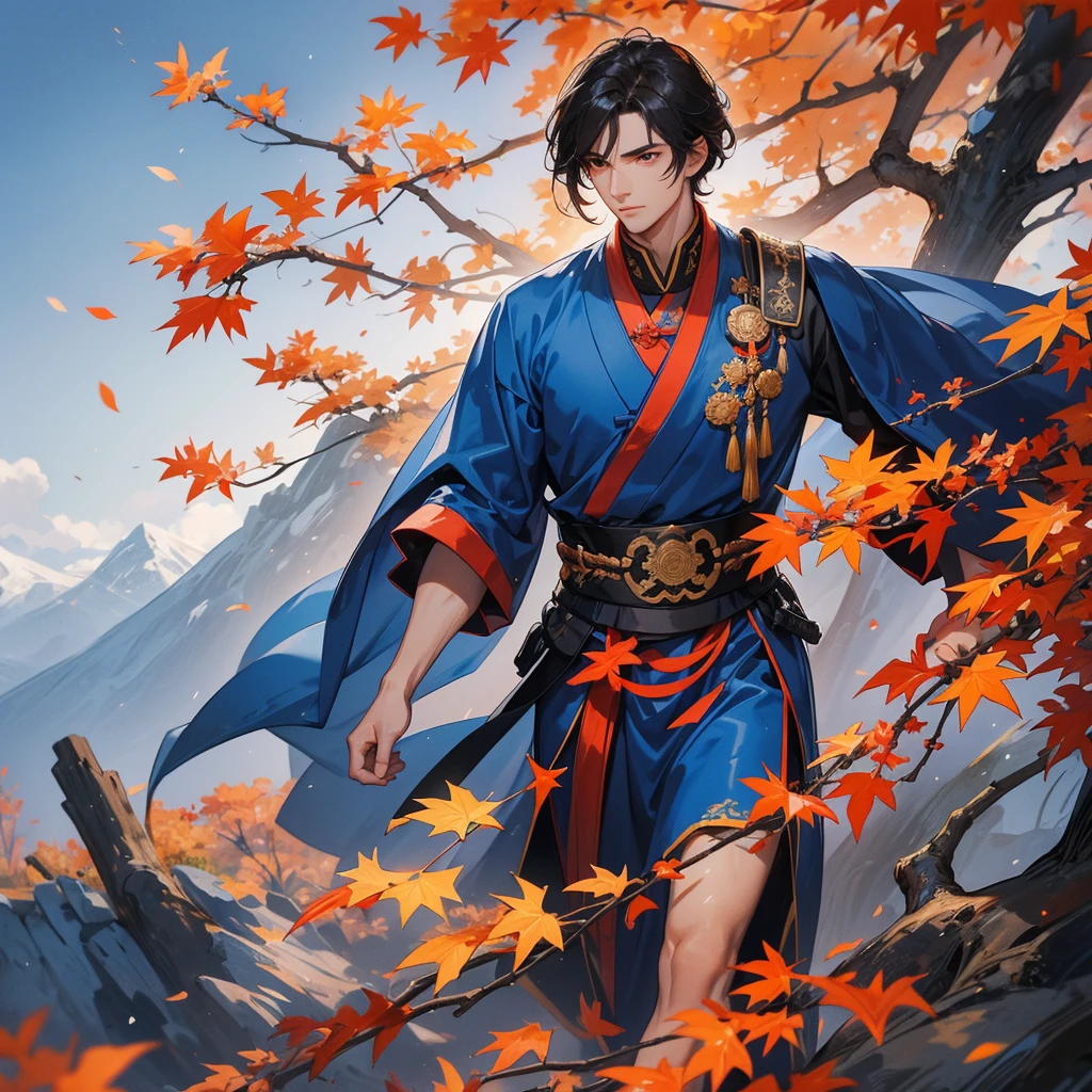 Handsome black-haired male general holding a large sword in blue ancient Chinese general costume, walking In the middle of a spring mountain ,the backdrop is a mountain that turns orange-red in spring, and maple leaves fall from the trees.