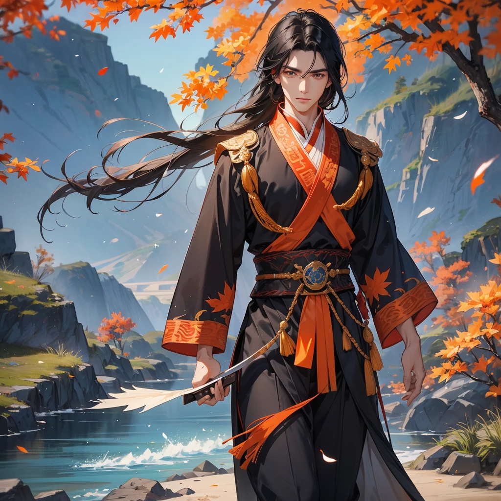 Handsome black-haired male general holding a large sword in blue ancient Chinese general costume, walking In the middle of a spring mountain ,the backdrop is a mountain that turns orange-red in spring, and maple leaves fall from the trees.