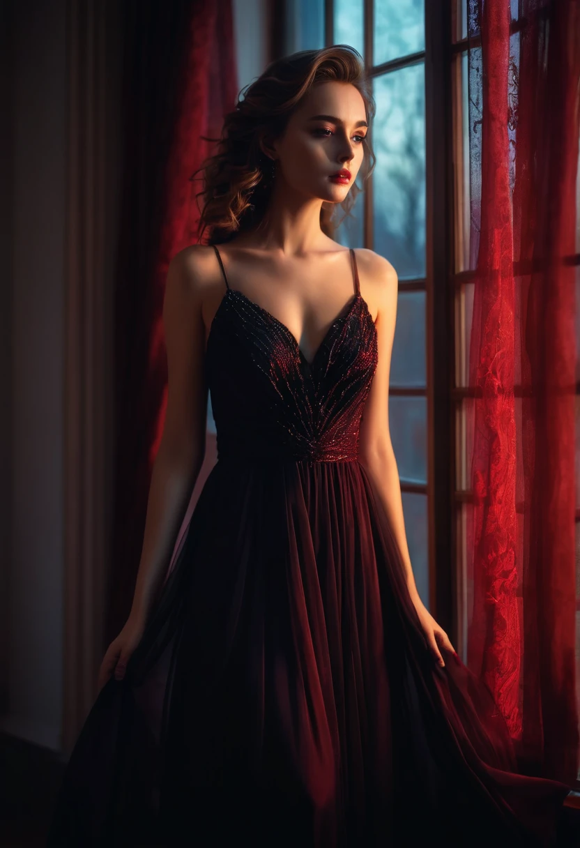 closeup shot, woman in a dress standing in front of a window, romanticism, in evening gown, flowing gown, wearing a flowing dress, mysterious woman, haunting beautiful young woman, wearing a black flowing dress, flowing dress, woman in dress, extremely moody red lighting, 