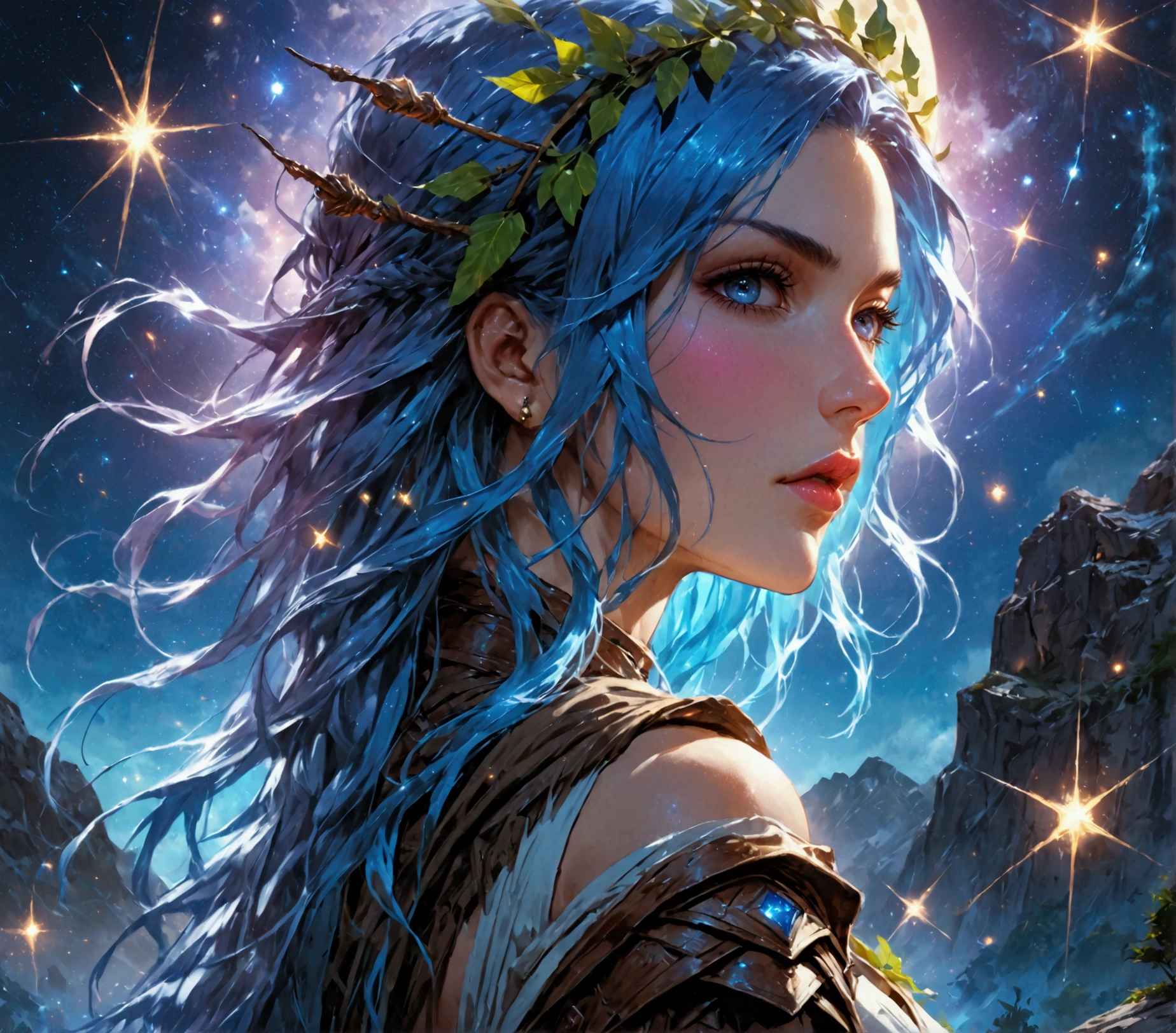 comic art , dnd art, rpg art, realistic art, female human druid of the stars, guardian of nature, controlling magical energy made of stars, swirling blue stary magical light, divine symbols, (under the sky filled with stars: 1.4, human female, busty, extremally beautiful, ultra feminine, busty, dynamic hair, dynamic hair color, wearing leather armor, holding a staff, moon light, stars, dynamic natural background, RPG art, magical atmosphere magic-fantasy-sky full with colorful stars, high details, best quality, 16k, [ultra detailed], masterpiece, best quality, (extremely detailed), dynamic angle, ultra wide shot, photorealistic, ((fantasy art)) ultra best realistic, best details, best quality, 16k, [ultra detailed], masterpiece, best quality, (extremely detailed), ultra wide shot, photorealism, depth of field, hyper realistic painting, rpg portrait, mad-nbla