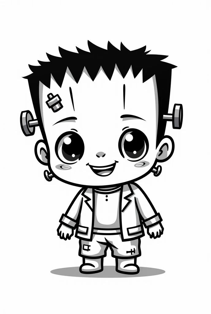 a Frankenstein cute chibi kawaii,coloring Page, simple for toddlers, bold and easy, black bold lines White background, for a coloring book black and white, líne art, only outlines but the design is simple and bold
