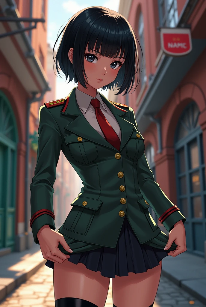 Anime, Short black hair with bangs,  Narrow waist, Wearing a Soviet uniform,((Pull up your skirt)),(((open crotch black tights:1.2))),((pussy:1.2)),Shaved pussy,Moscow alley,NSFW,