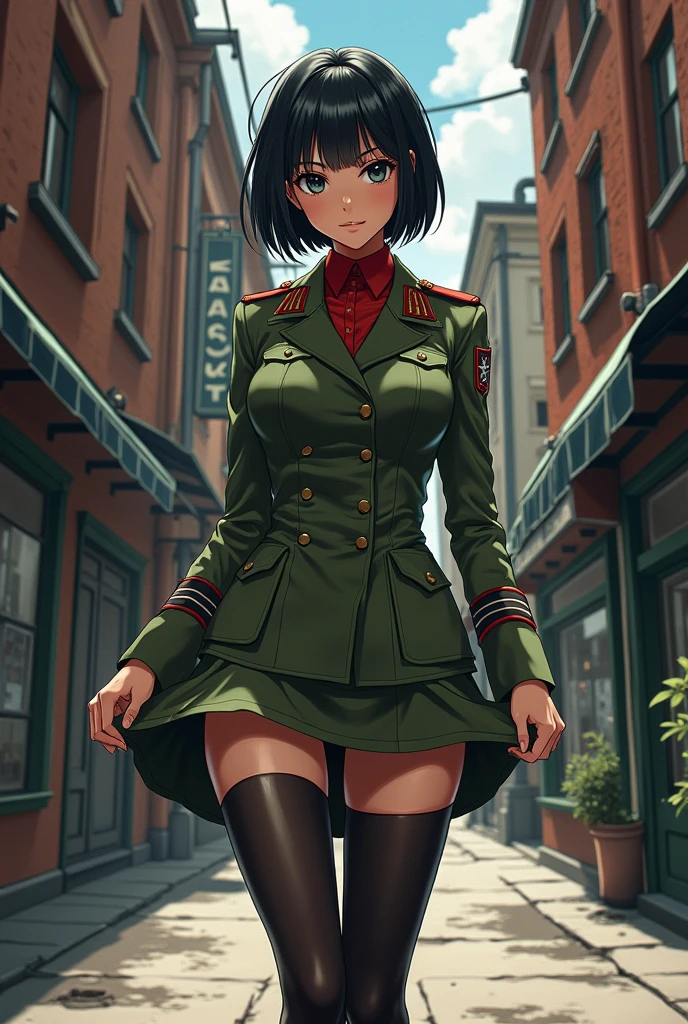 Anime, Short black hair with bangs,  Narrow waist, Wearing a Soviet uniform,((Pull up your skirt)),(((open crotch black tights:1.2))),((pussy:1.2)),Shaved pussy,Moscow alley,NSFW,