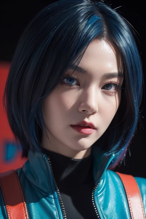 (masterpiece,detailed,highres:1.4) , model shot, close up, detailed face, fine detailed eyes,, (kirishima touka),blue middle hair,ghoul eye,retro jacket,Tokyo Ghoul,retrofuturism background, vibrant colours, hdr,, ,