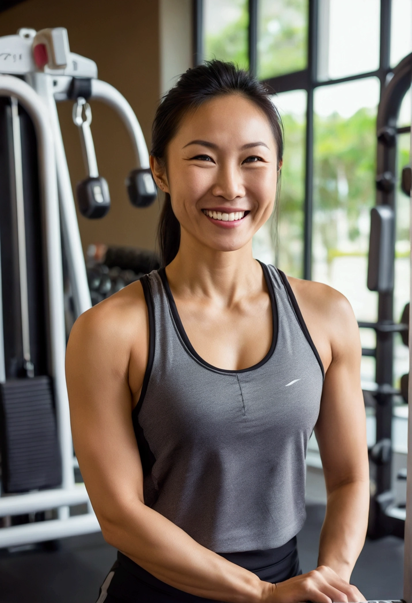 athletic beautiful 30 year old female asian personal trainer wearing tank top and shorts taking a break at gym. smiling. toned arms