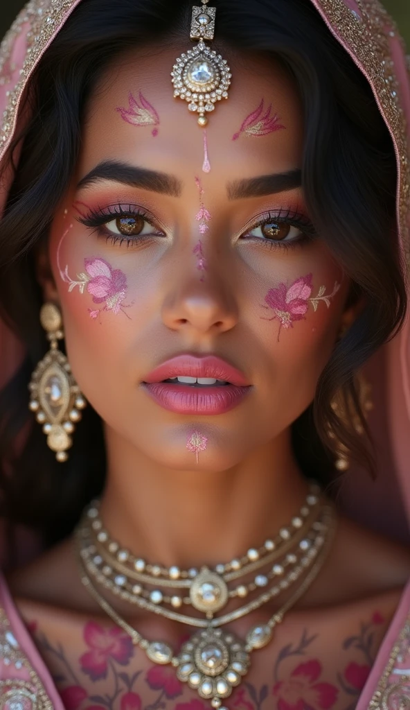 Pink tattoos on face and little pink diamond jewelry tanned skin arab hairs style Arabian figure eternal lady face lips bite tease hyperealism photorealistic 7k best background wallpaper makeup model style hairs Arabian makeup siren eyes arab bad tattoos of face tattoo queen
