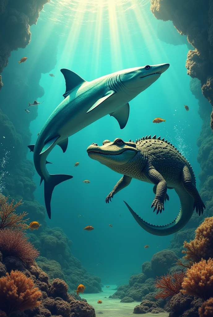 Shark as sura and crocodile as baya, looking for food together