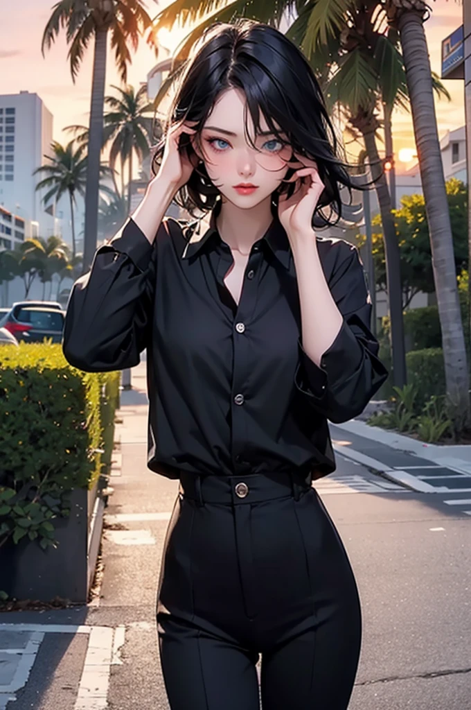retro girl, short black hair, covering eyes, heterochromia eyes, pale skin, serious, black suit top, red dress shirt (few buttons undone), stright dress pants, Miami, sunset, palm tree, 
