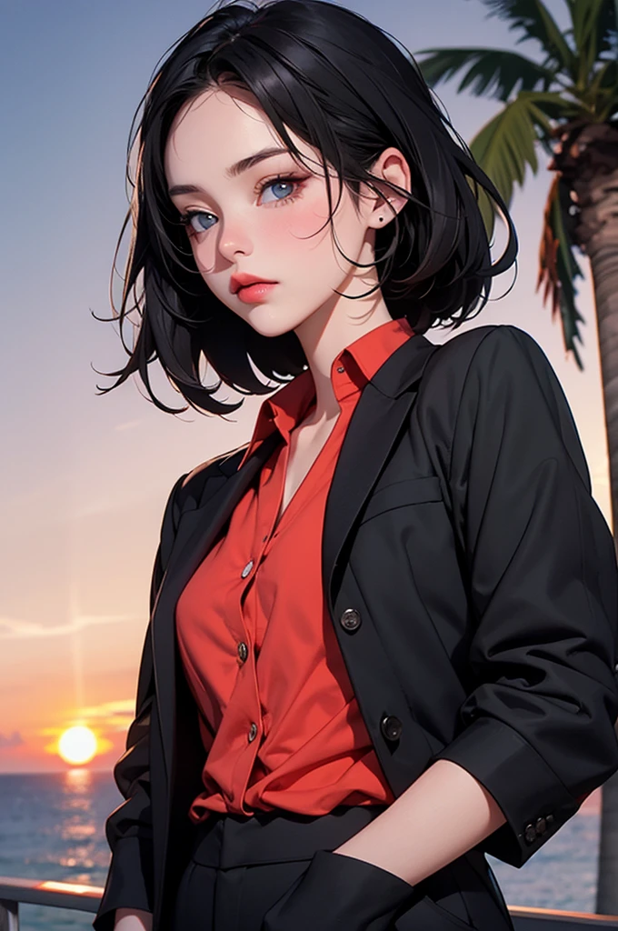 retro girl, short black hair, covering eyes, heterochromia eyes, pale skin, serious, black suit top, red dress shirt (few buttons undone), stright dress pants, Miami, sunset, palm tree,