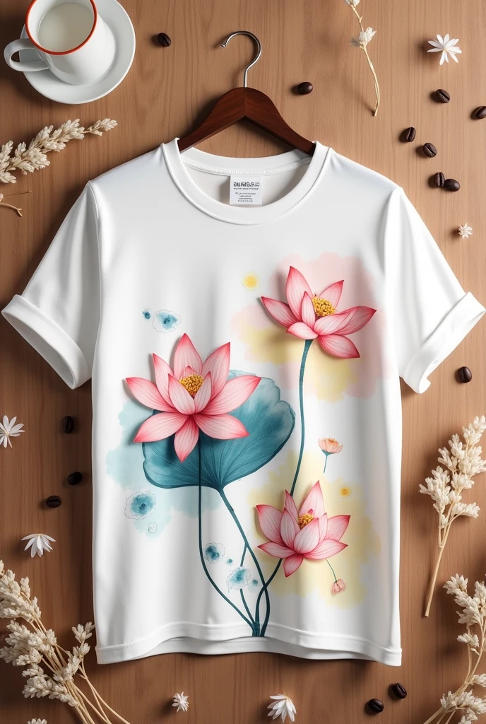 mockup of a loose white T-shirt with 2 3D embossed lotus flower print on the chest on a pastel pink, yellow, and blue watercolor lotus leaf background with broken color streaks. The background is a brown wooden background, deco with a few rice flowers, coffee beans, and a coffee cup.