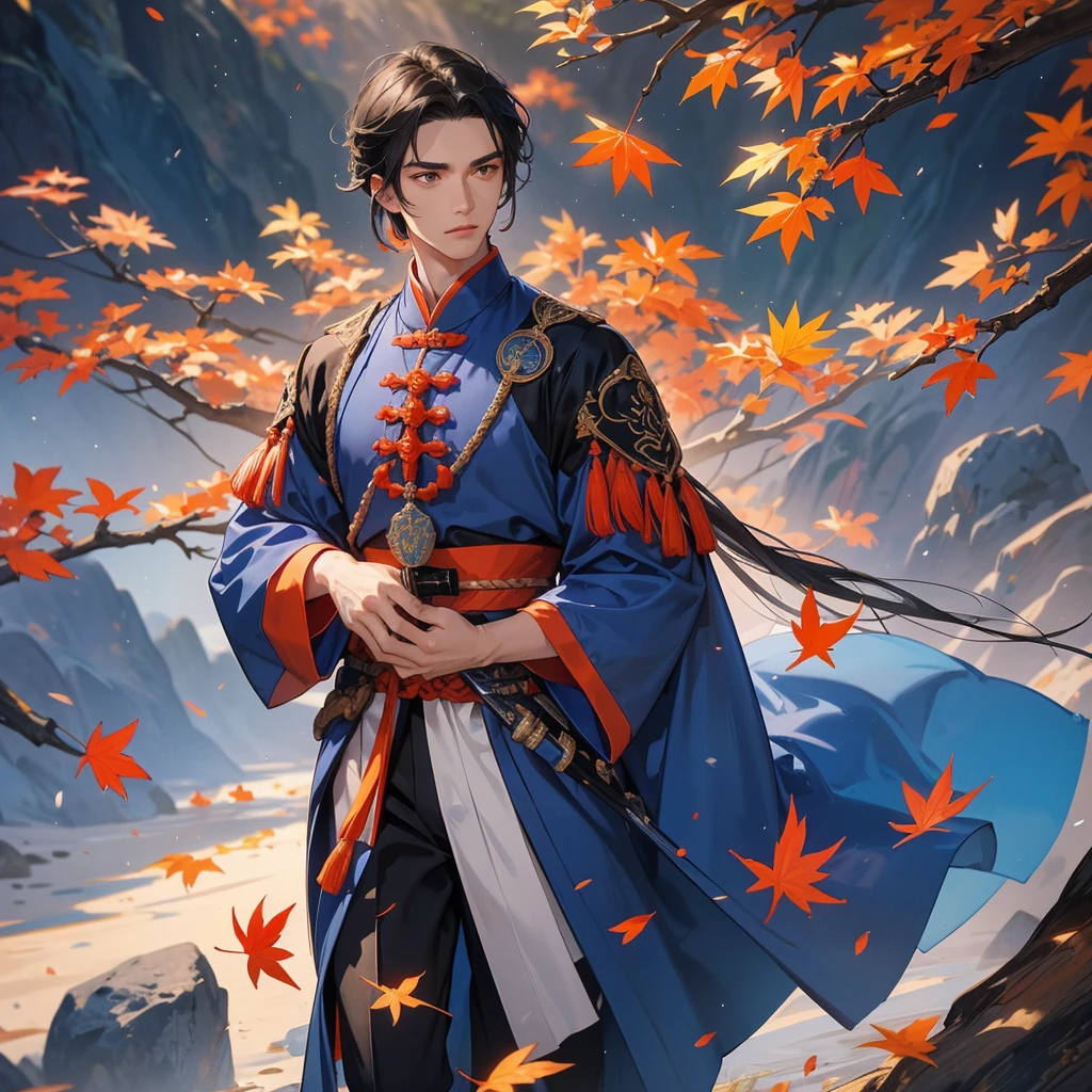 Handsome black-haired male general holding a large sword in blue ancient Chinese general costume, walking In the middle of a spring mountain ,the backdrop is a mountain that turns orange-red in spring, and maple leaves fall from the trees.