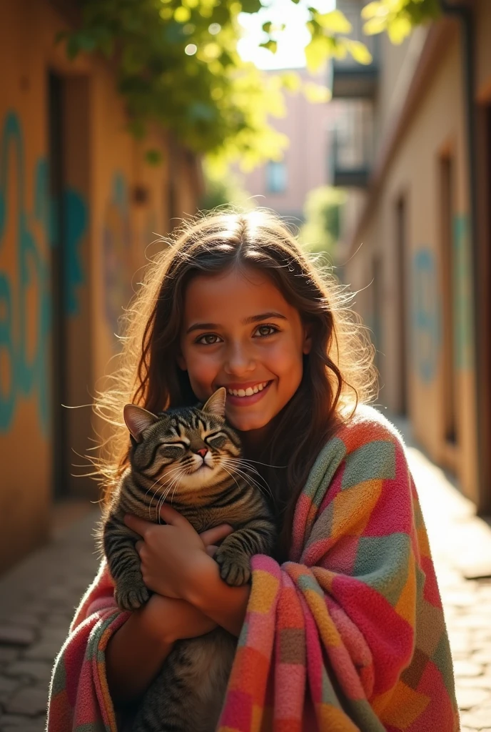The girl wraps the blanket around the cat, who now looks relaxed and grateful. The alleyway appears brighter with the girl's presence.