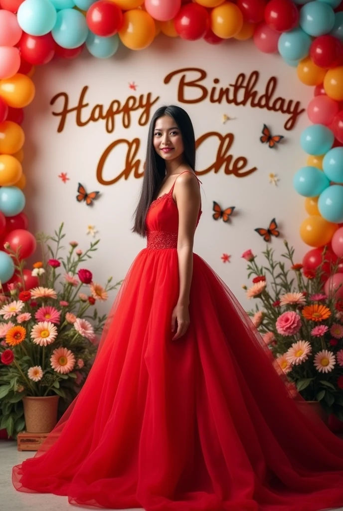 Real Pinay women beautiful Long face straight hair semi Chubby fat with red Ballgown with name wall "Happy Birthday Che Che"with flowers baloons butterflies