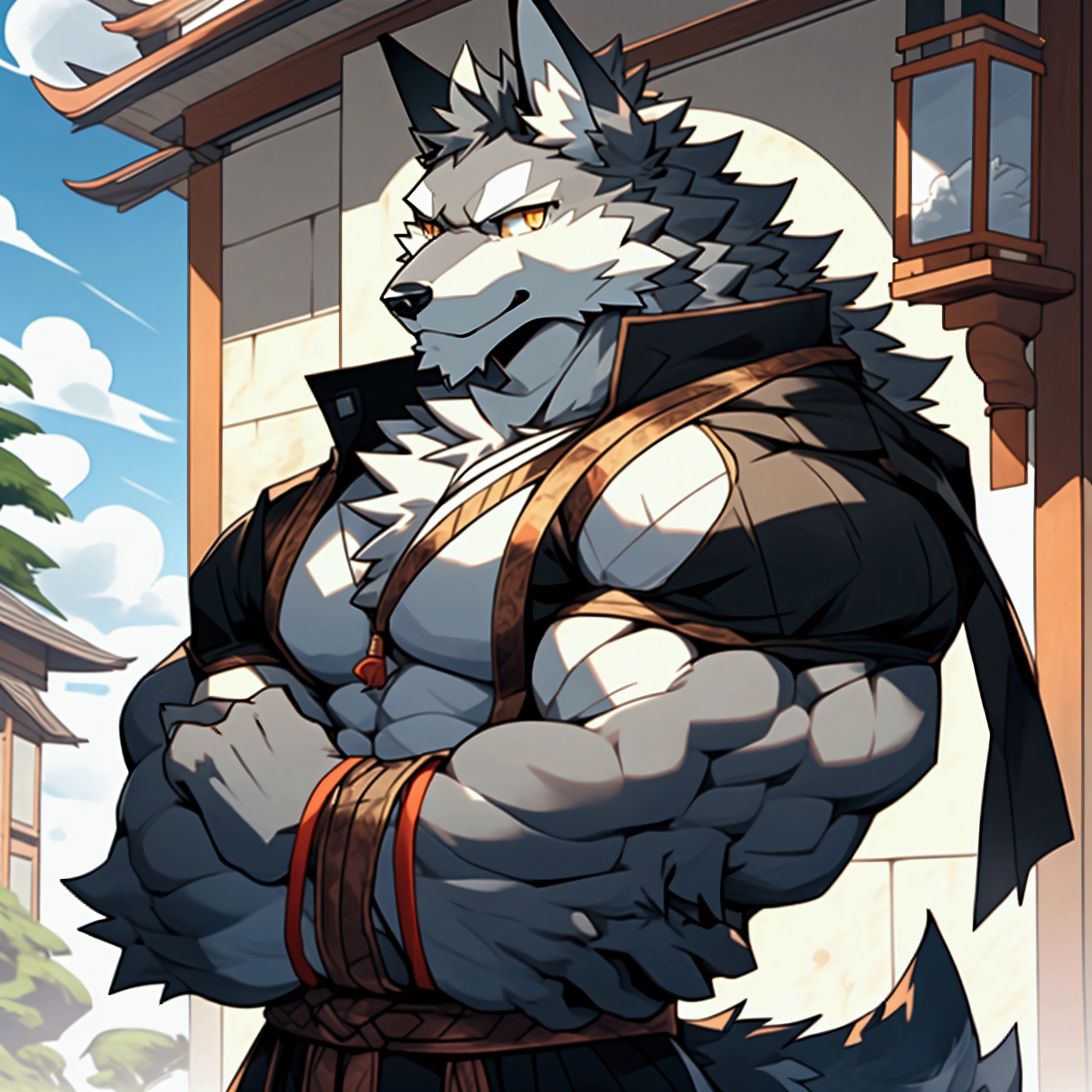 Silver Gray，masterpiece, 拟人化的灰Wolf,Wolf，Golden Eyes,, muscular, Wearing clothes on the upper body，Full muscles