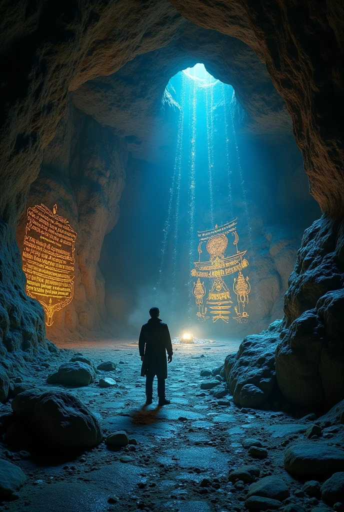 "Illustrate the cave walls being covered with glowing, ancient script or illustrations as the device reveals the hidden knowledge. The scene should reflect awe and wonder."