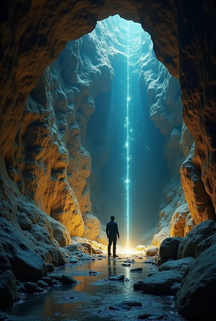 "Illustrate the cave walls being covered with glowing, ancient script or illustrations as the device reveals the hidden knowledge. The scene should reflect awe and wonder."