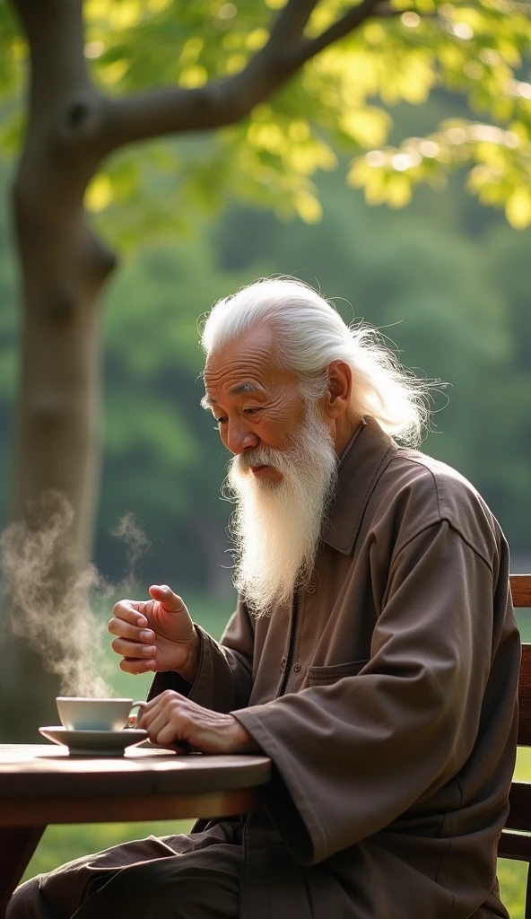Chinese feng shui master, kind face, white hair, cheerful, drinking tea,
The teacher sat looking straight ahead, behind him was a scene of cozy green trees
