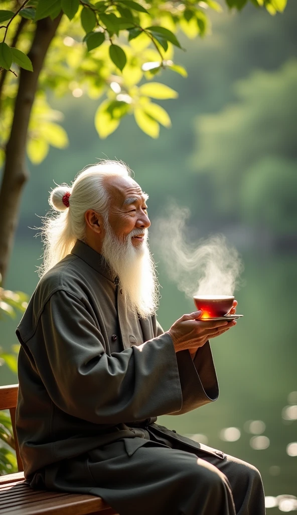 Chinese feng shui master, kind face, white hair, cheerful, drinking tea,
The teacher sat looking straight ahead, behind him was a scene of cozy green trees