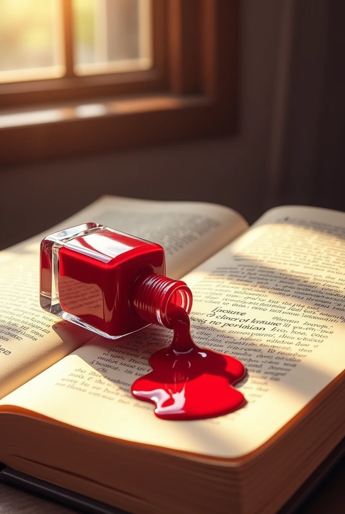 Drawing of a bottle of wine red nail polish spilled on an open school literature book near the camera close up