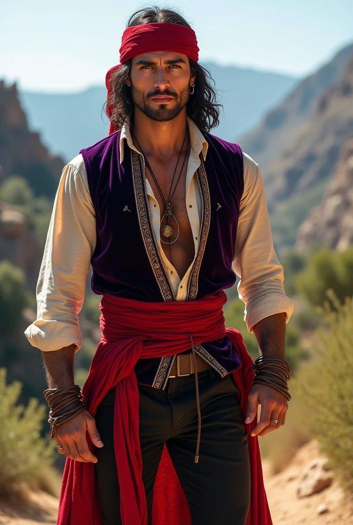 Create the image of a gypsy from the Andalusia region, with an extremely handsome appearance and an incredibly muscular physique around the age of 35. He has a strong and imposing presence, with tanned skin and striking facial features, like a defined jawline and dark, piercing eyes that exude intensity. Your hair is long, dark and slightly wavy, falling to his shoulders. He is dressed in traditional gypsy attire, with a tight shirt made of light fabric in shades of black, partially open to reveal his muscular torso. About the shirt, he wears a richly decorated purple velvet waistcoat, and a vibrant red sash tied around the waist. Dark pants and leather boots complete your look.. Include accessories such as leather bracelets, a scarf tied around the head in red and small hoop earrings. The background may suggest an Andalusian landscape, with mountains and Mediterranean vegetation in the background, highlighting its cultural roots."