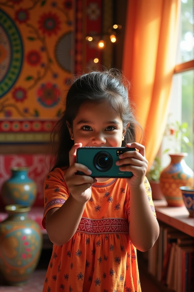 Indian girl taking mirror selfie hiding her face with her samsung s23 