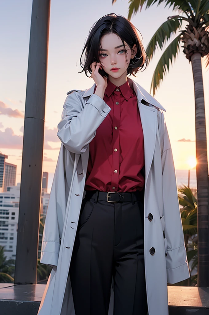 retro girl, short black hair, covering eyes, heterochromia eyes, pale skin, serious, black trench coat top, red dress shirt, stright dress pants, Miami, sunset, palm tree, 