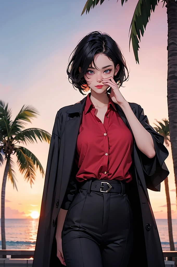 retro girl, short black hair, covering eyes, heterochromia eyes, pale skin, serious, black trench coat top, red dress shirt, stright dress pants, Miami, sunset, palm tree,