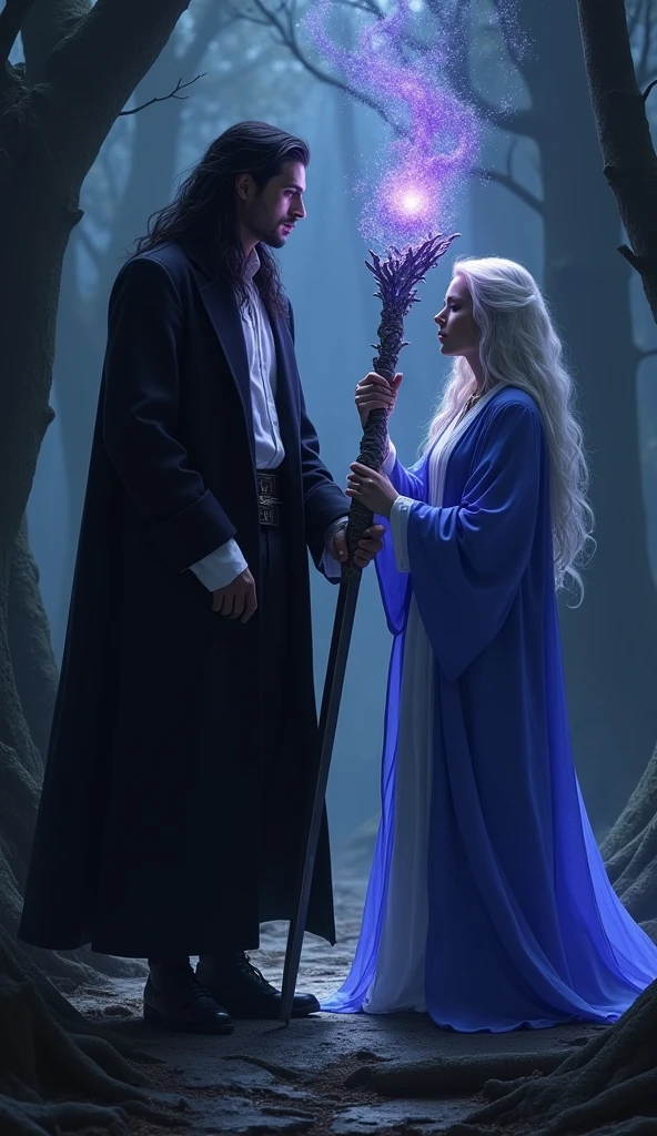 Vortex is standing in a dark room wearing a black coat and a white shirt. His long black hair frames his face, giving him a determined look. In his hand he holds a dark sword with its blade pointing upwards, its blade reflecting a slight amount of light.
Next to him stands a male Mirage, his platinum blonde hair shining in his flowing blue robe. The male Mirage holds an ancient staff, from which a blue aura emanates. The night in the ancient forest is dark, and the atmosphere is night.
The male Mirage's staff emits purple magical energy, which reflects the surrounding light and is absorbed into the blade of Vortex's sword, as if it is residing in the sword. This mysterious sight makes the importance of the two's upcoming mission even more apparent.
