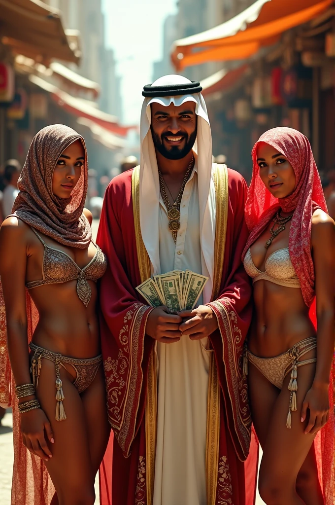An Arab sheik with a wicked look holding a wad of money between two women with a burqa on their face and a bikini on their body