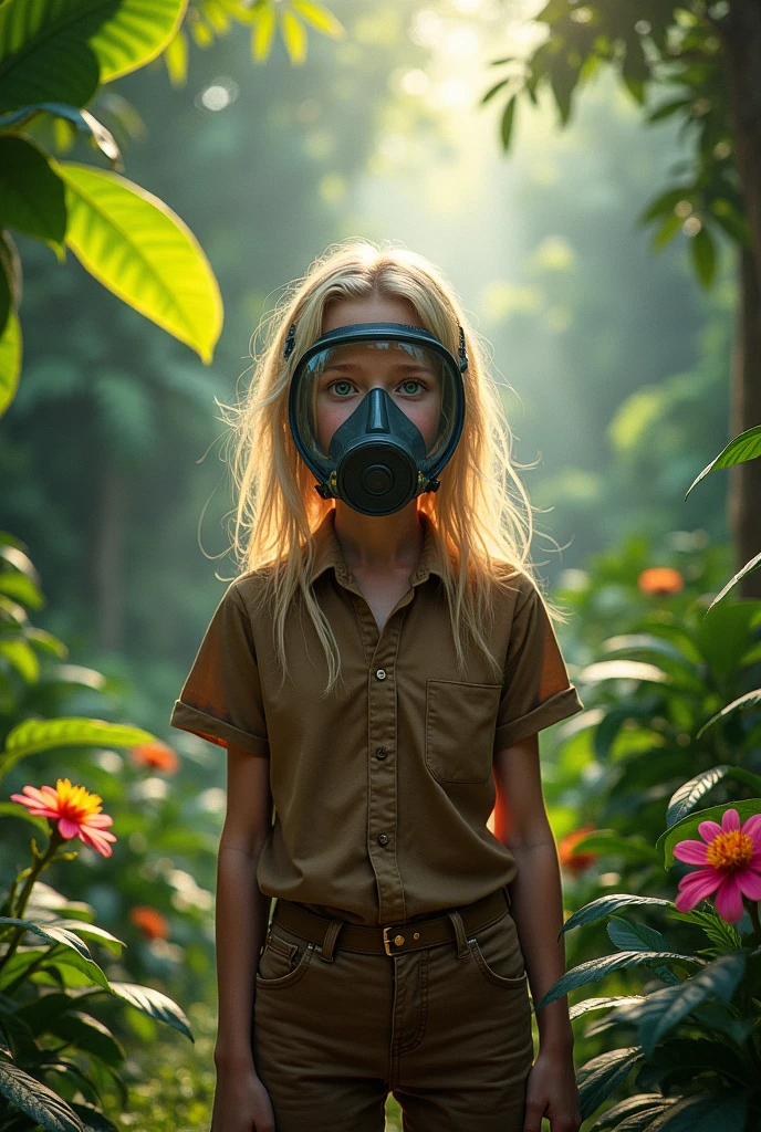 An white girl with blue eyes, blond hair on the jungle wearing an transparent oxygen gas mask on her whole face as she wears an brown shirt and pants