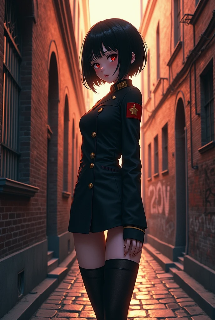 Anime, Short black hair with bangs, Narrow waist, Wearing a Soviet uniform,((bottomless)),(((open crotch black tights:1.2))),((pussy:1.2)),Shaved pussy,Moscow alley,NSFW,