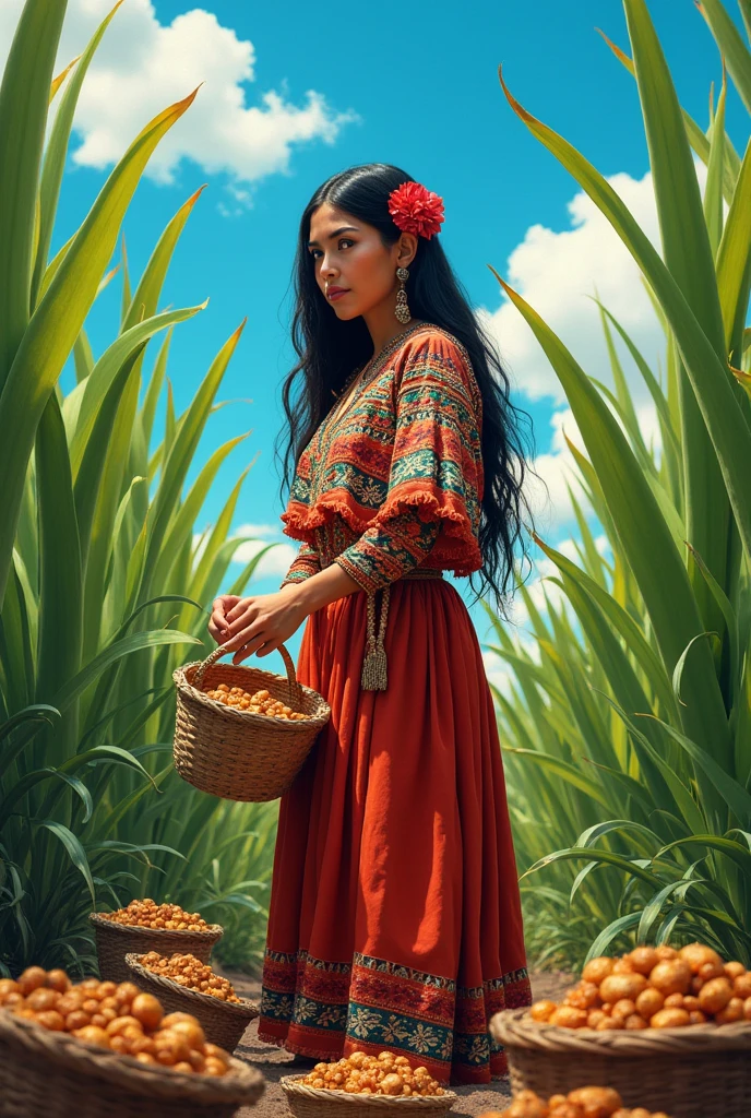 Creates the image of a Tlachiquera woman of Nahuatl descent, from the state of Mexico