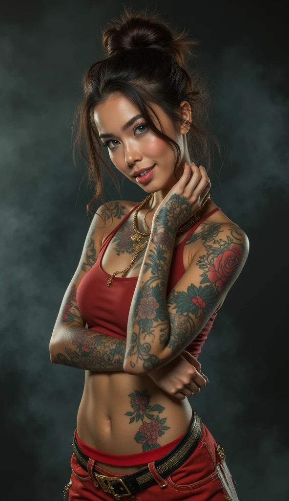 full body of cute tanned japanese woman, amorous and lewd face, bun brown hair, forehead, make-up, grey eyes, superlative body proportion, covered in tattoos, wearing hip hop costumes like k-pop star, low angle shot, void black and smoke background, artistic photography, hyper realistic, graphic CG digital art, k-pop ((rapping pose)), energic, hip hop, rap