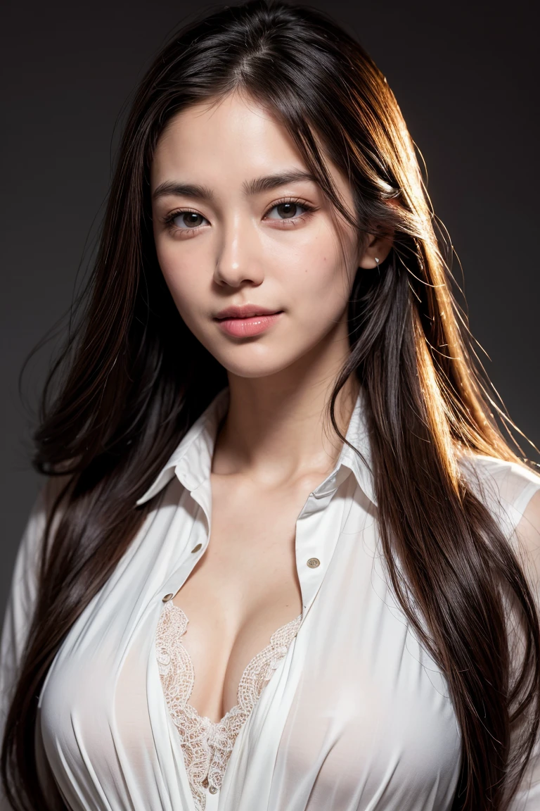 masterpiece, Highest quality, Realistic, RAW Photos, One person, Long Hair, Mid-chest, Blouse with collar, A light smile, Detailed skin, pore, Simple Background