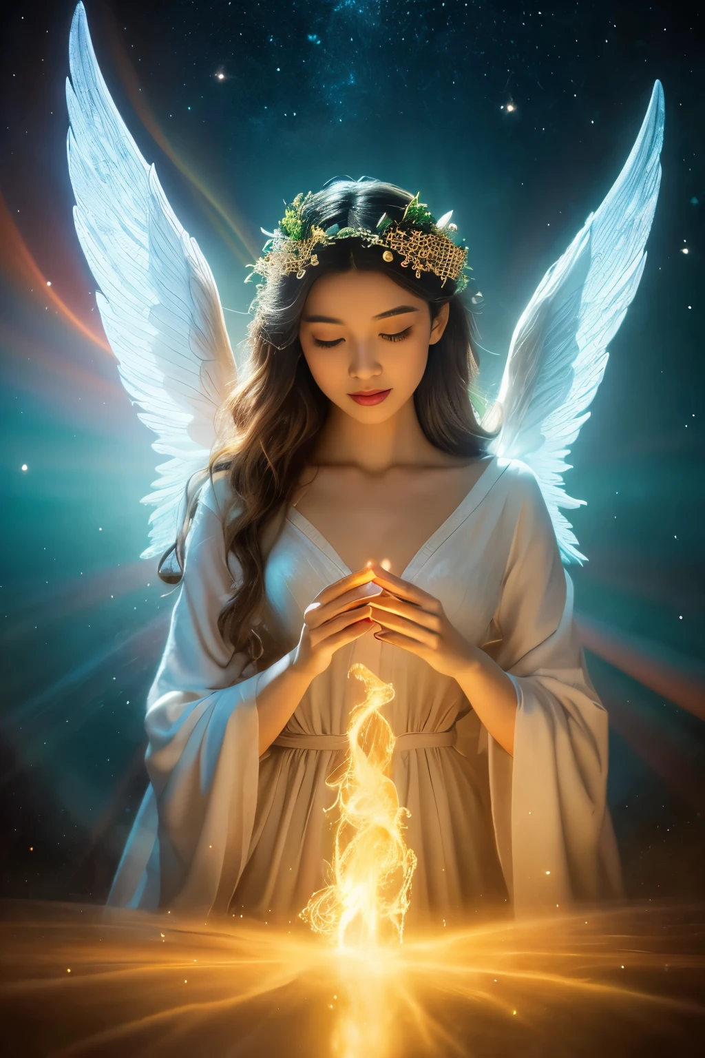 Please create an image of a mysterious and enigmatic angel. This angel should be bathed in an ethereal, radiant light that exudes an aura of celestial mystery and wonder. The angel's pose, setting, and appearance can all contribute to the sense of mystique. Push the boundaries of color, luminosity, and intricate detailing to craft an image that captivates the viewer's imagination and conveys the angel as a divine enigma. Your artistic skills are crucial in bringing this enigmatic angelic vision to life