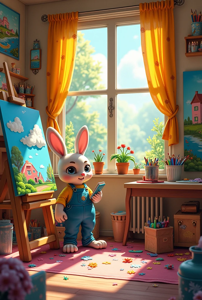 (Benny's(cartoon rabbit) room, filled with art supplies and half-finished paintings)