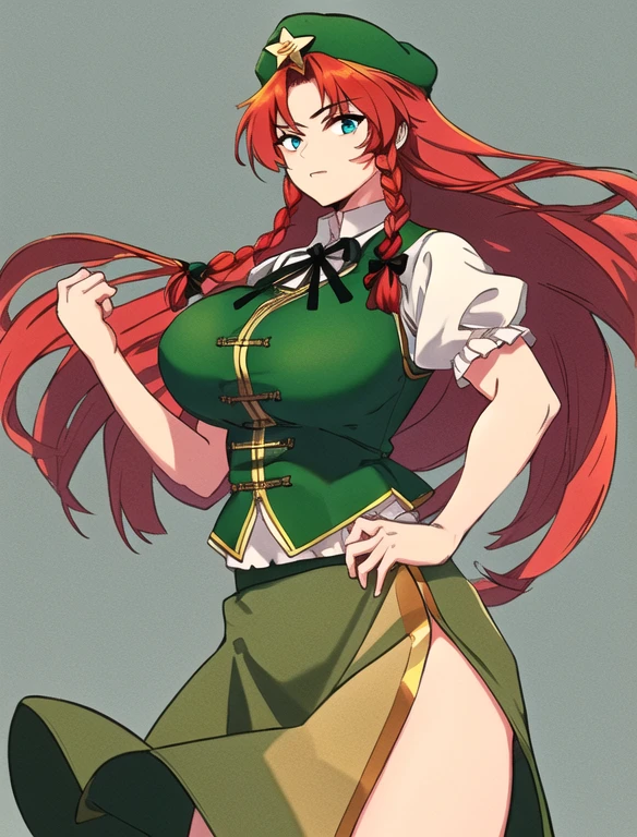 hong meiling, 1girl, solo, long haor, red hair, braids, blue eyes, big breasts, muscular body, white shirt, puffy sleeves, short sleeves, green vest, black ribbon, green skirt, gold trim, green beret, green hat, gold star, (cowboy shot)