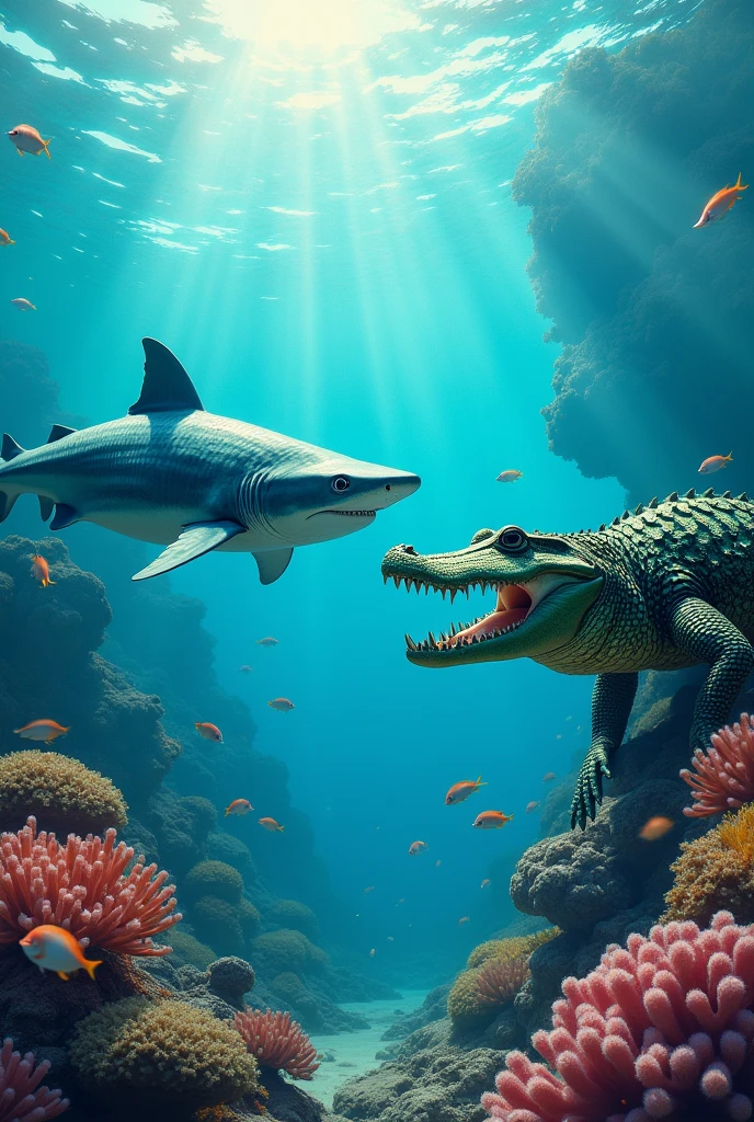 Shark as sura and crocodile as baya, they are agreeing to share the area