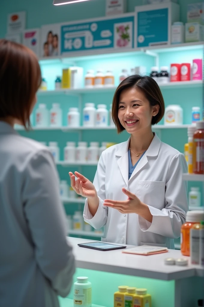 Give me a short haired pharmacist presenting a product or consulting a patient.